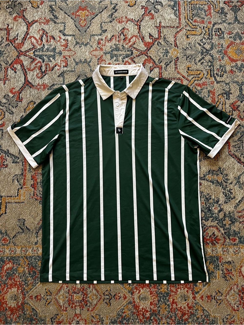 Byrd Gang Men's Green & White Striped Polo Shirt with Contrast Collar